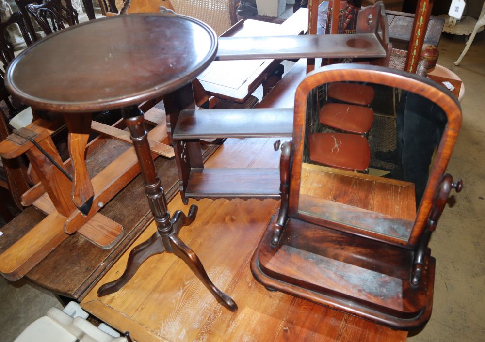 A Victorian mahogany toilet mirror, wall bracket and tripod table